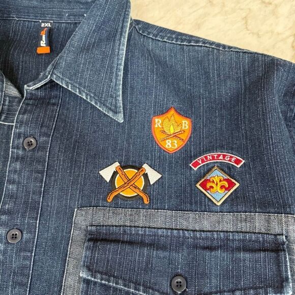 Raw Blue vintage denim short-sleeve button-up shirt with patches Y2K Size 2XL - Picture 5 of 10